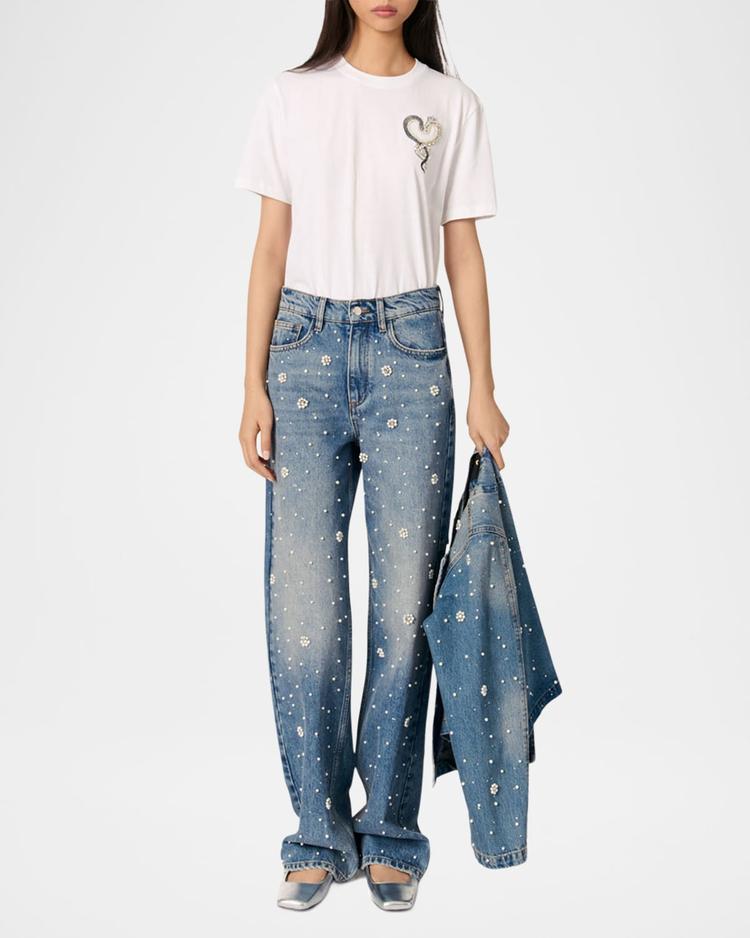 perla flower embroidered wide-leg jeans