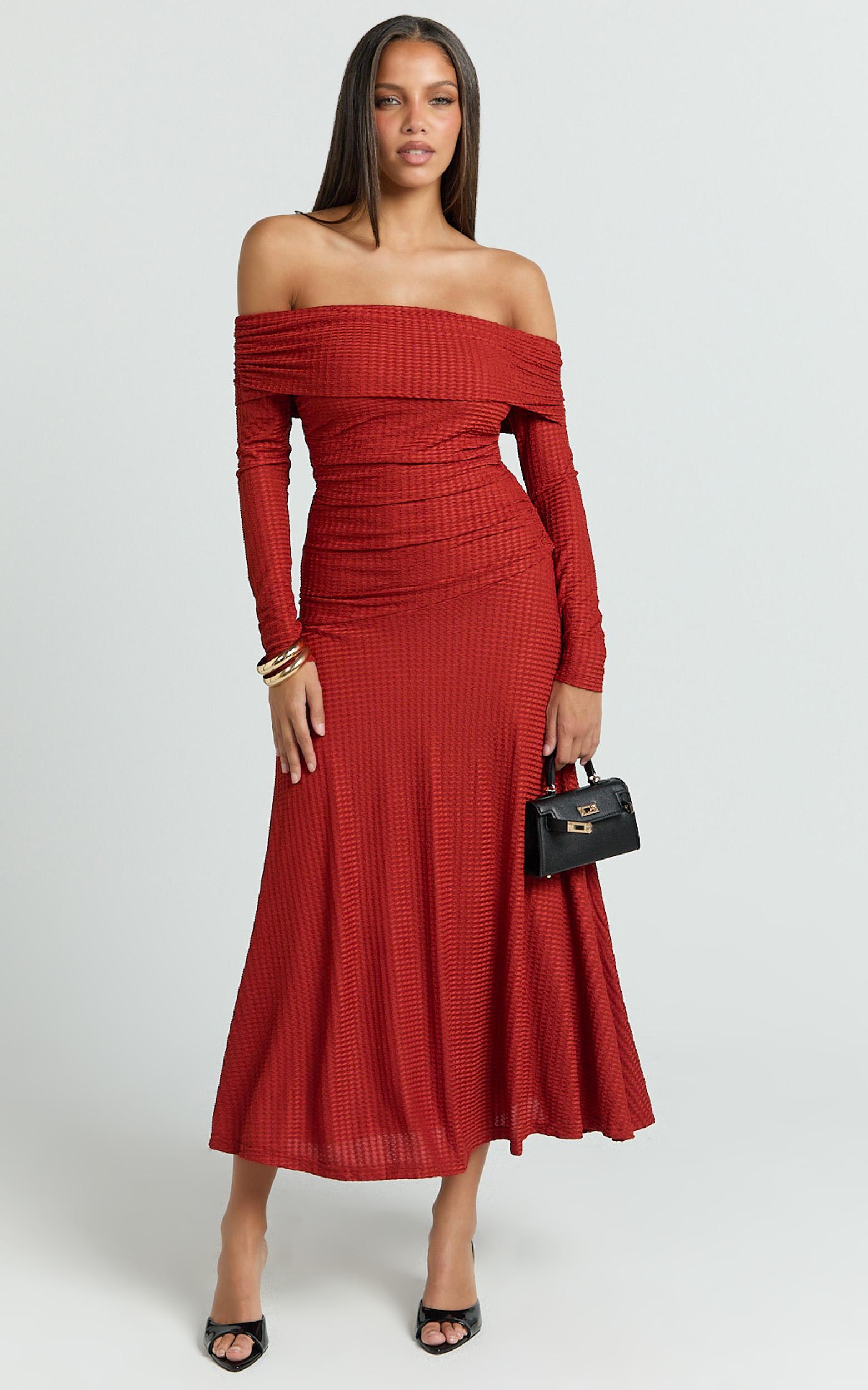 perla maxi dress - off the shoulder sleeve drop waist dress in red