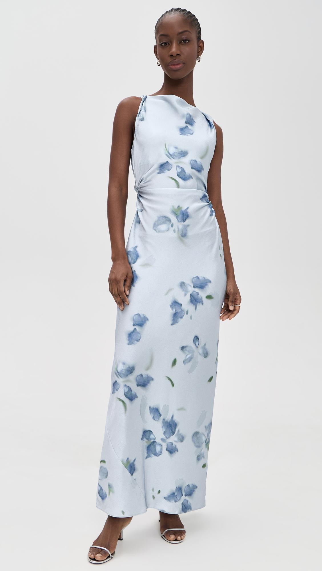 petal blur twist shoulder cowl neck dress