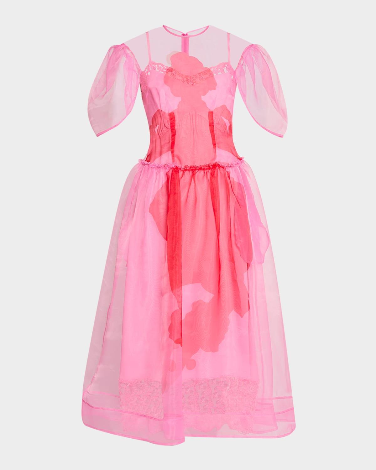petal-sleeve sculpted sheer midi dress