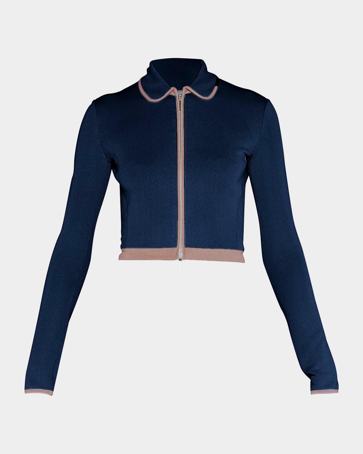 peter pan-collar striped-edge crop zip jacket