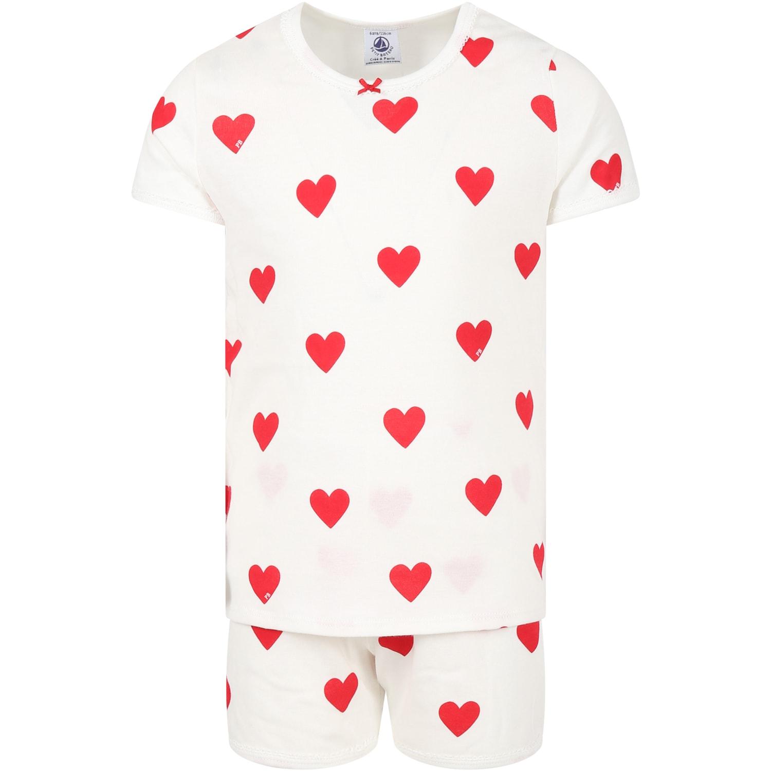 petit bateau white pajamas for girl with logoed hearts