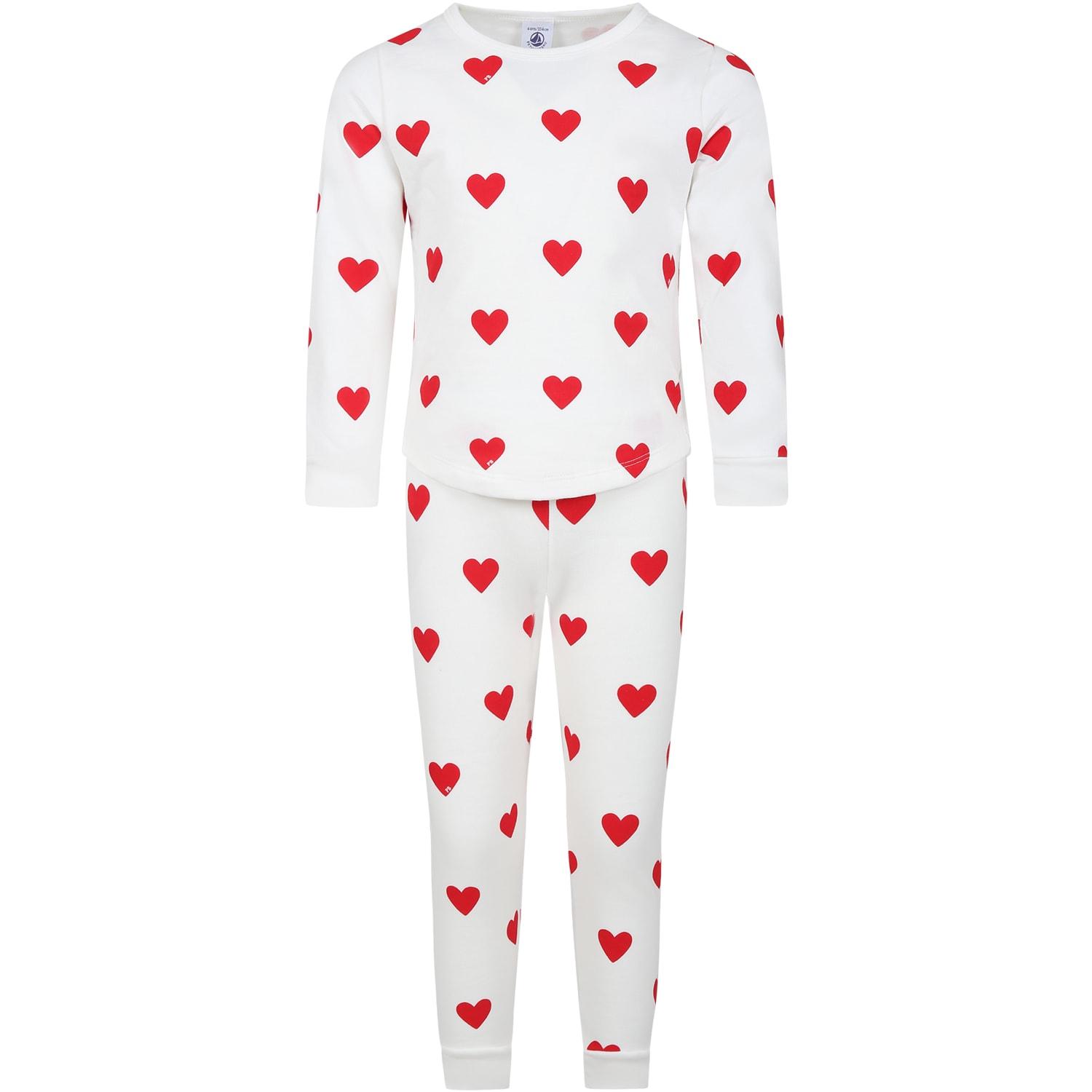 petit bateau white pajamas for girl with red hearts