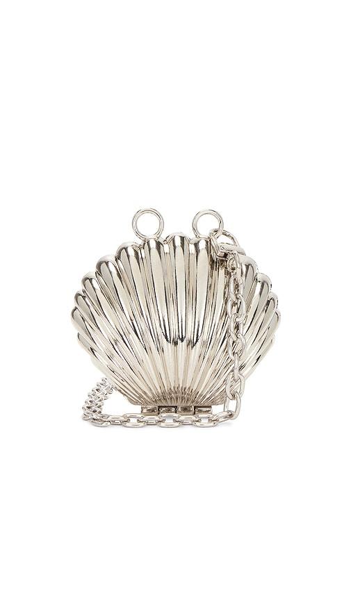 petit moments shell chain clutch in metallic silver.