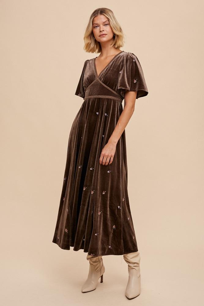 pewter all over floral embroidered velvet maxi dress