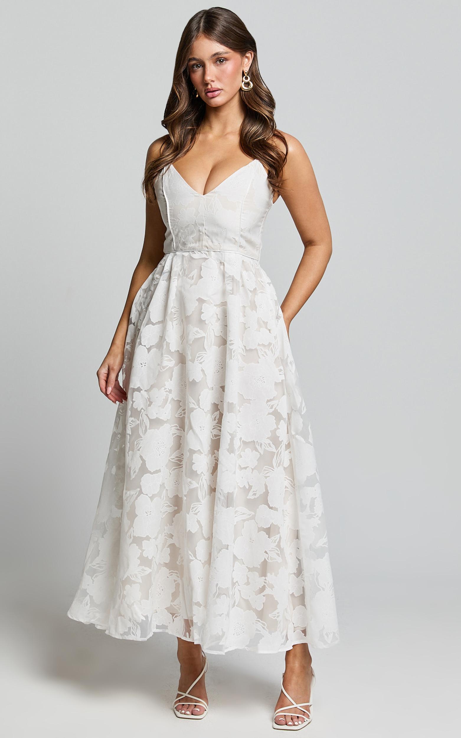 philine midi dress - jacquard plunge fit and flare dress in white