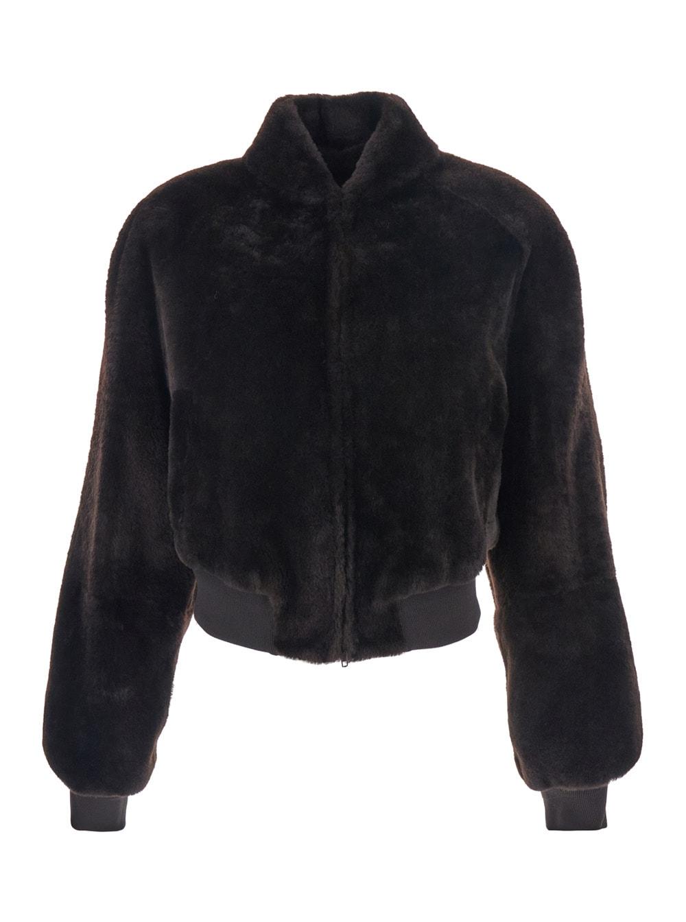 phoebe philo brown cropped bomber jacket with bomber collar in fur woman