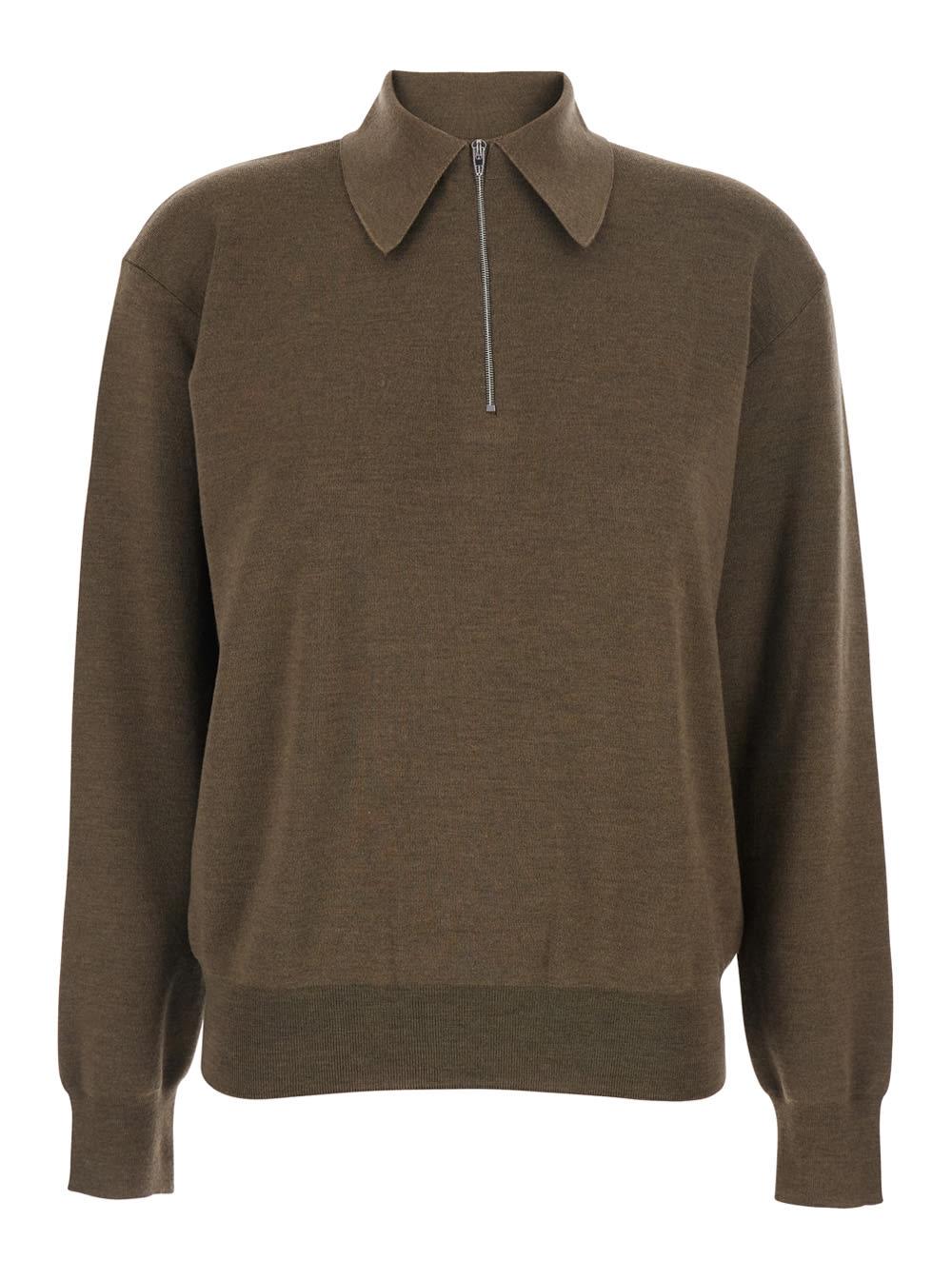 phoebe philo brown polo shirt with classic collar and front zip closure in wool woman