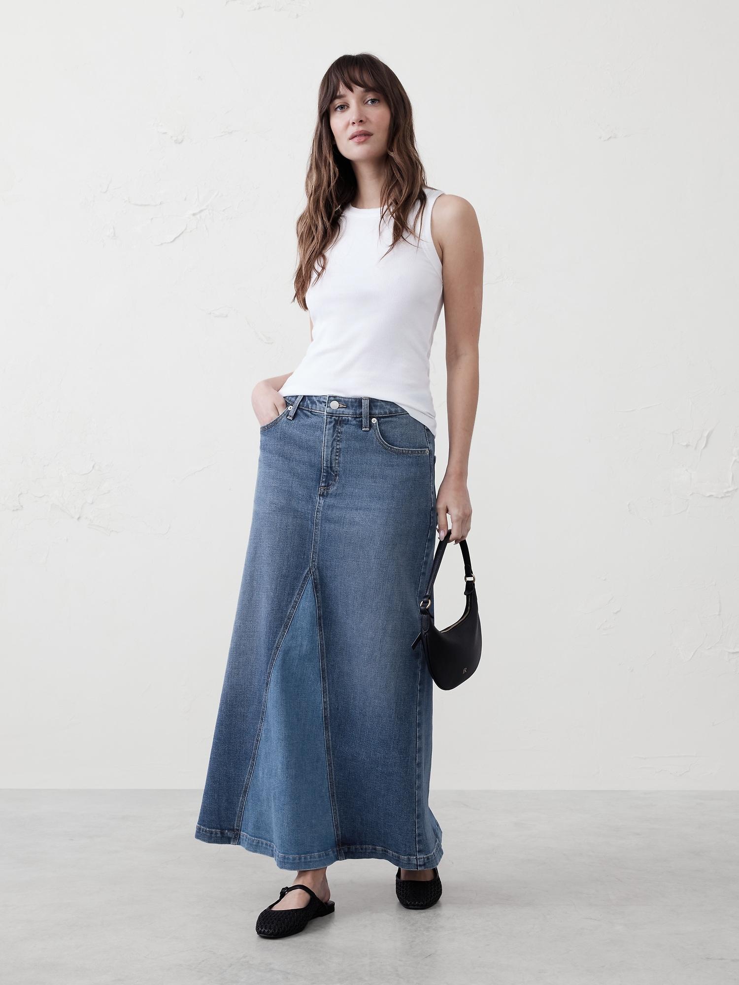 pieced denim maxi skirt
