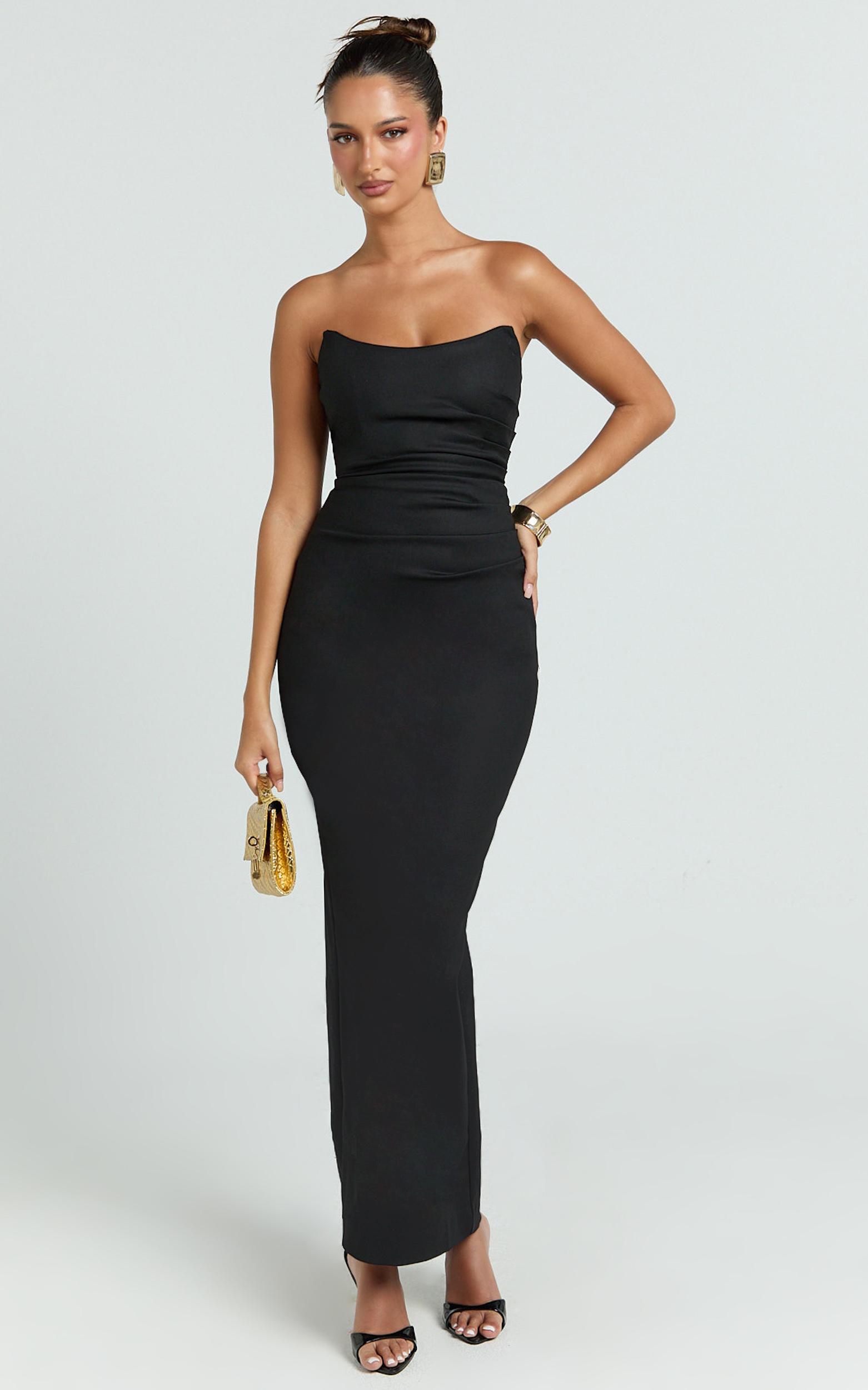 pietra maxi dress - scoop neck side seam tucks fitted dress in black