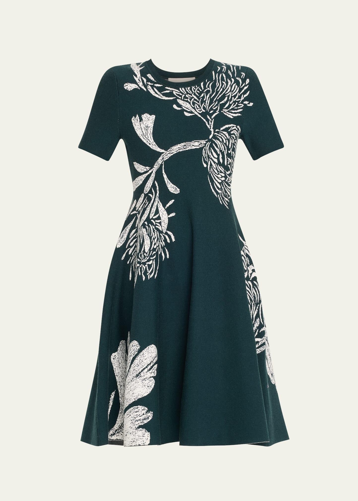 pincushion floral knit flared midi dress