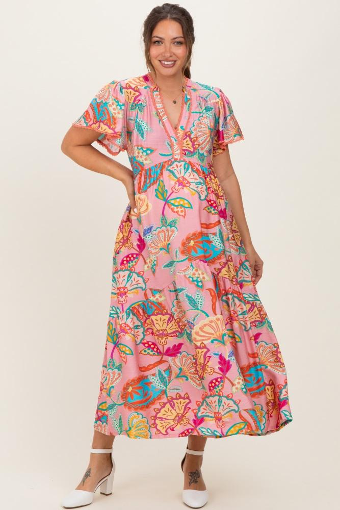 pink boho print lace trim tiered maternity midi dress