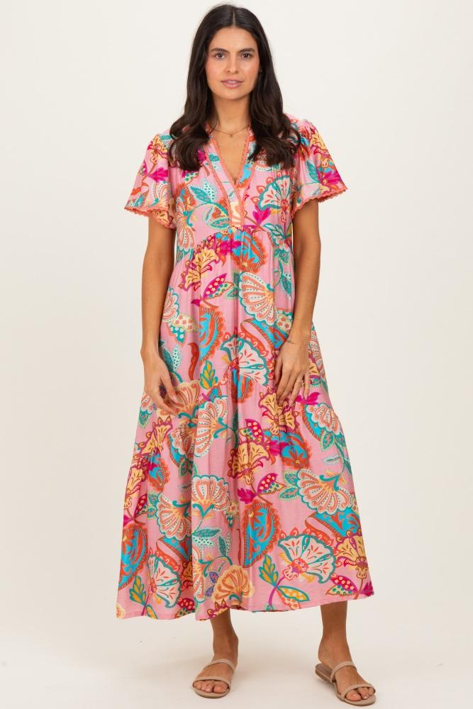 pink boho print lace trim tiered midi dress