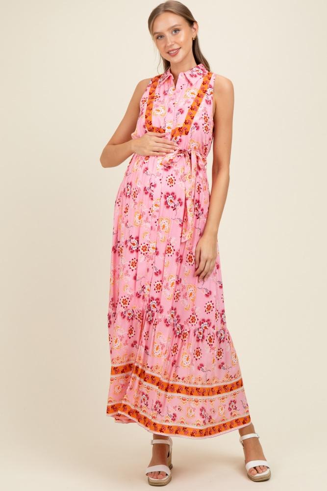 pink border print collared button down maternity maxi dress