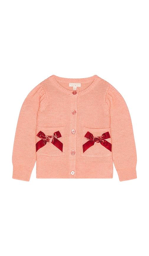 pink chicken girls bow pocket sweater in mauve.