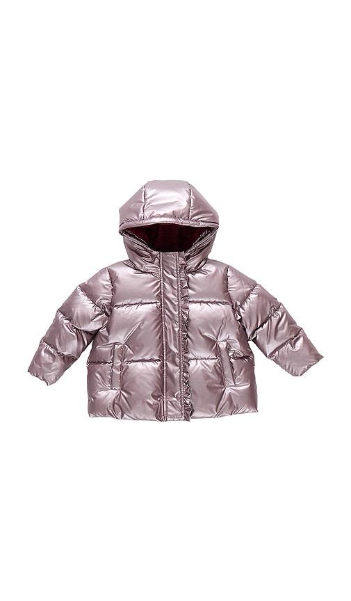 pink chicken ruffle pete puffer in rose.
