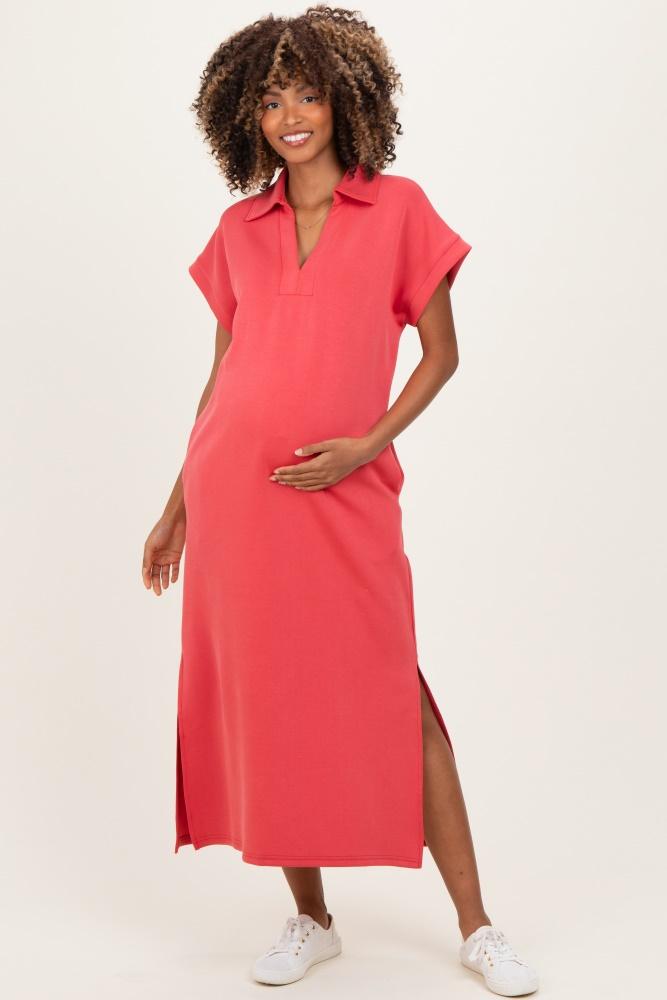 pink coral collared short sleeve maternity midi dress