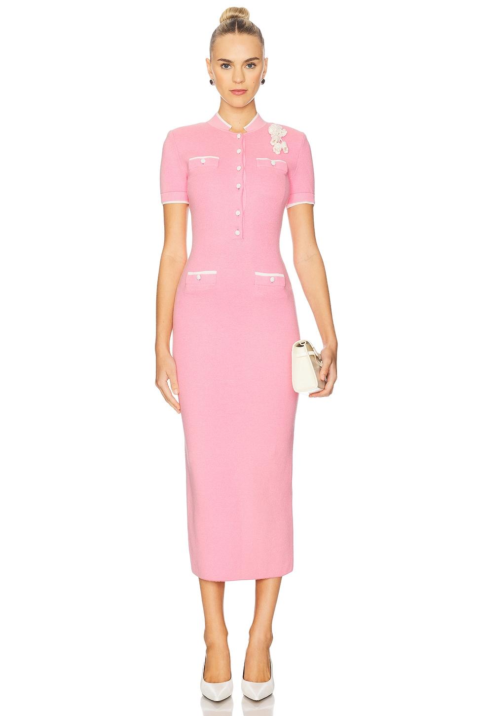 pink crochet flower knit midi dress