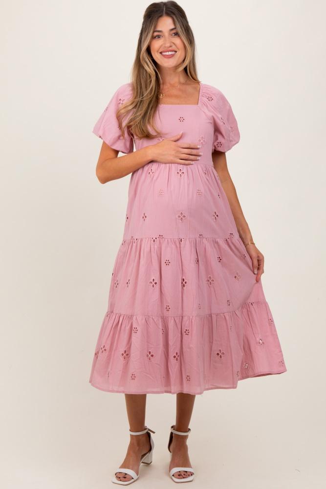 pink eyelet square neck maternity midi dress
