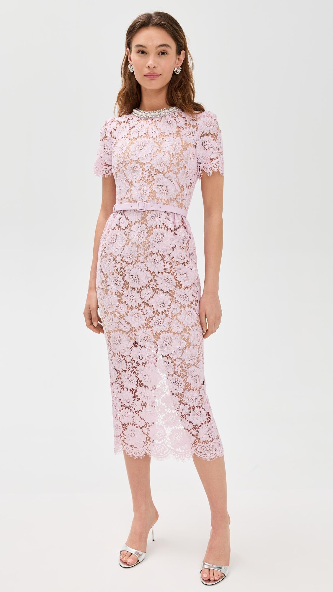 pink fine lace pearl midi dress