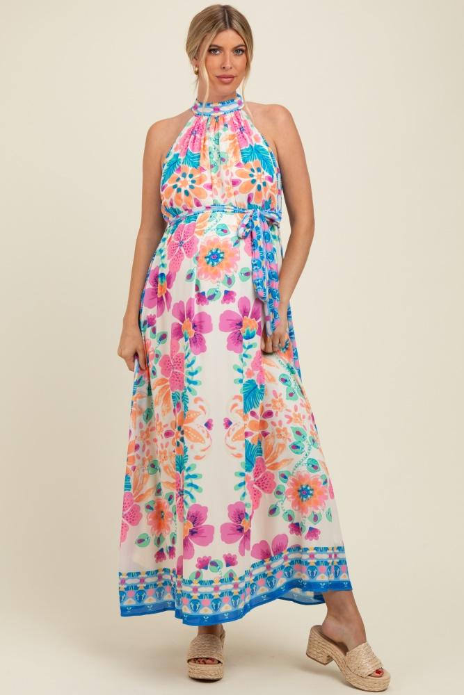 pink floral border print halter maternity maxi dress