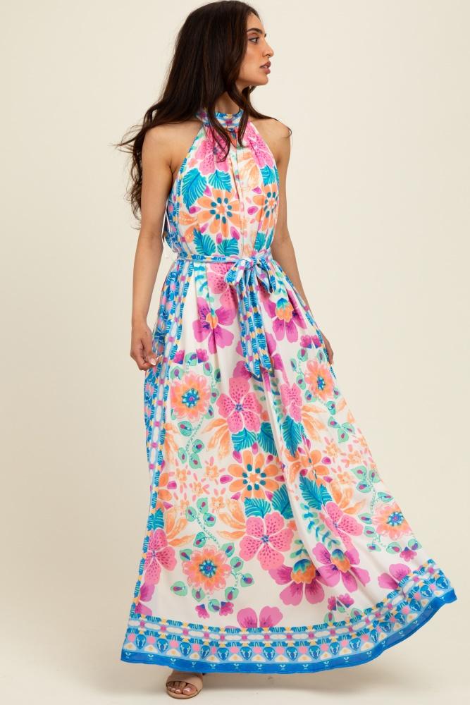 pink floral border print halter maxi dress