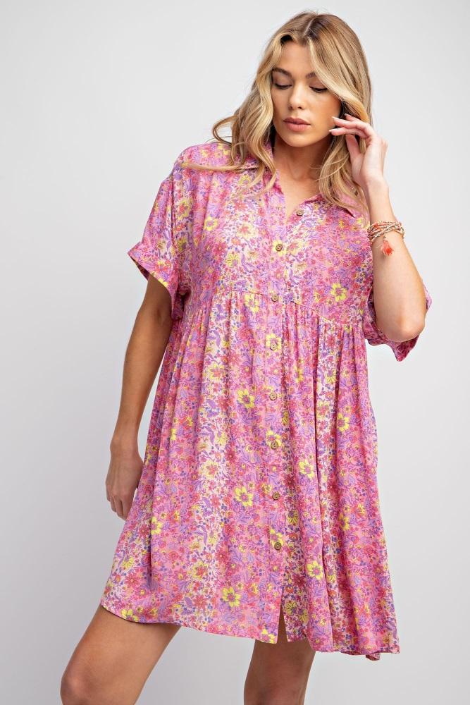 pink floral button down dress
