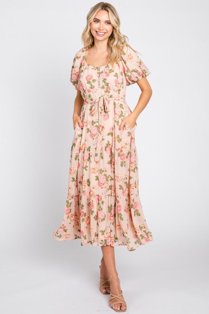 pink floral button puff sleeve midi dress