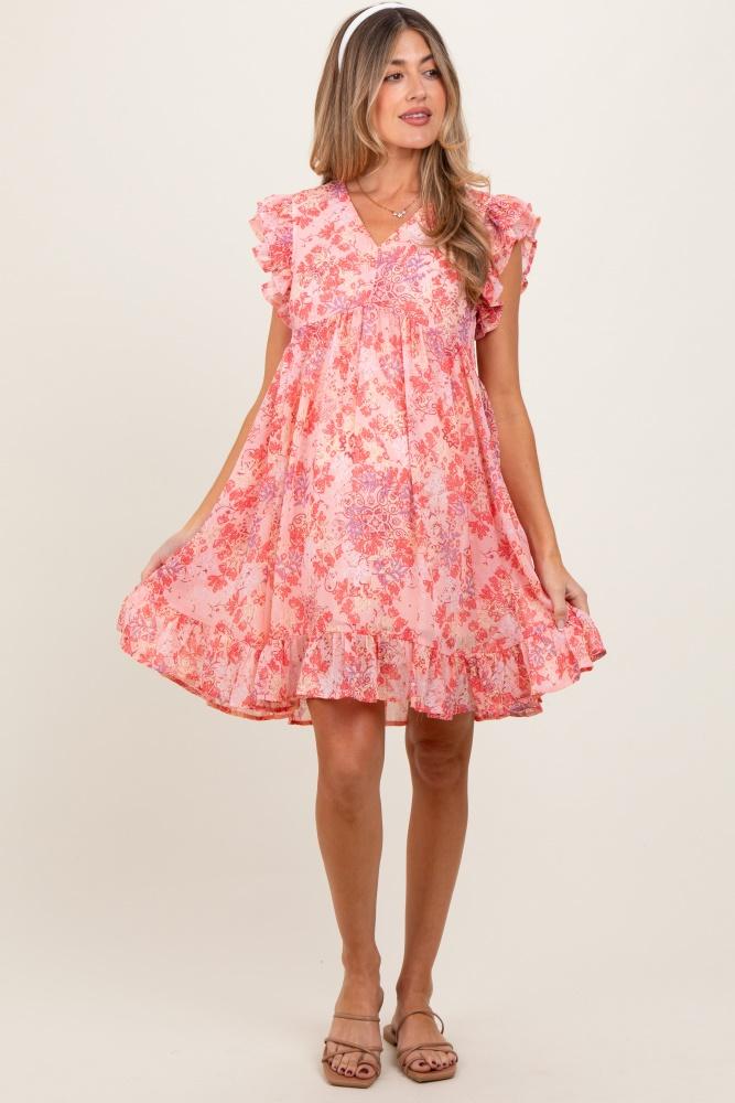pink floral chiffon ruffle short sleeve maternity dress