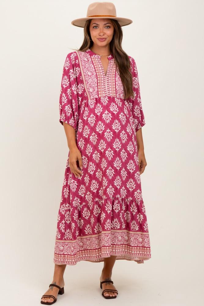 pink floral contrast print 3/4 sleeve maternity midi dress