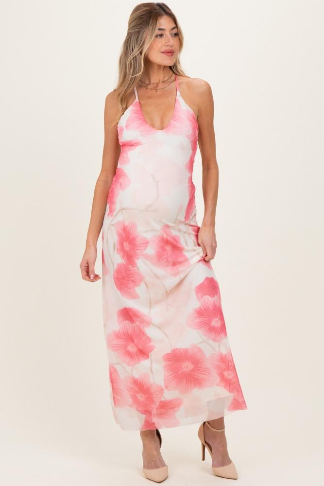 pink floral crisscross back maternity maxi dress