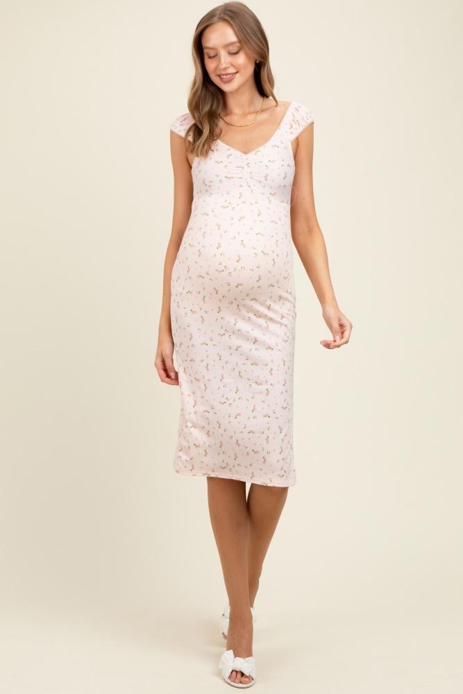 pink floral ditsy cap sleeve side slit maternity midi dress