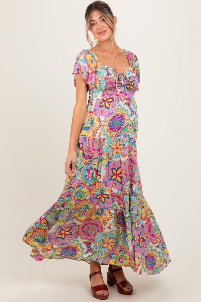 pink floral paisley smocked tiered maternity maxi dress