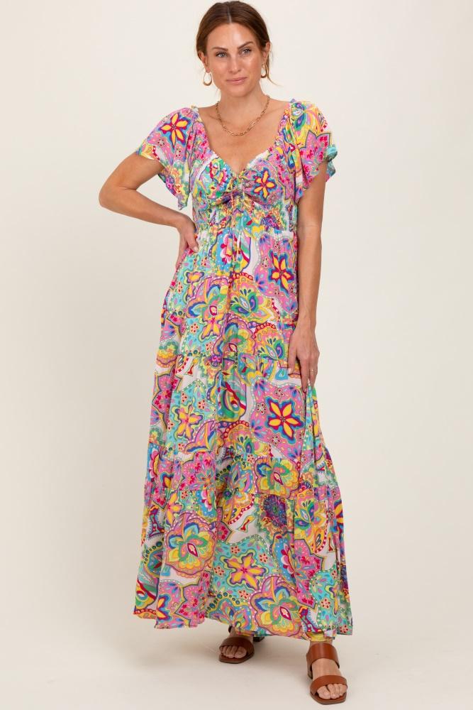 pink floral paisley smocked tiered maxi dress
