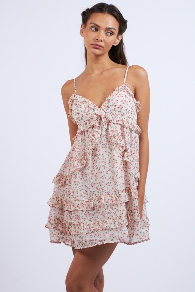 pink floral pink sleeveless tiered ruffle mini dress