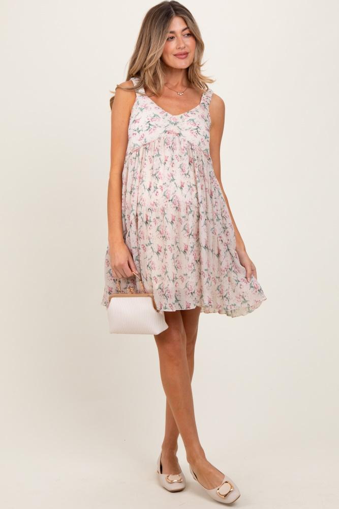 pink floral plisse texture maternity mini dress