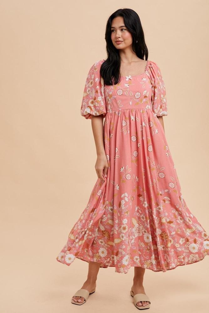 pink floral print puff sleeve maxi dress