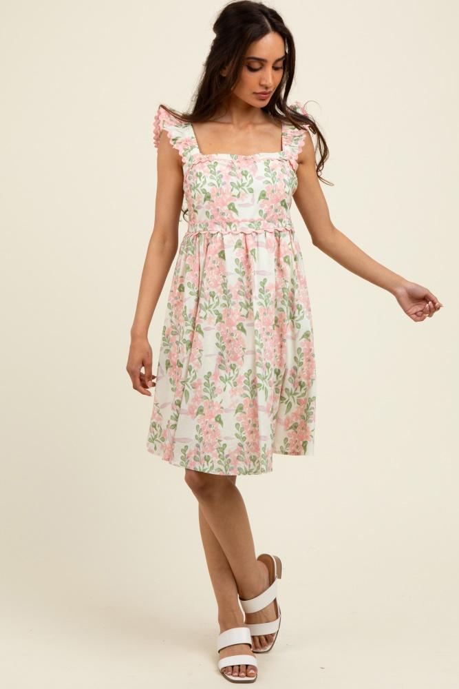 pink floral print smocked back dress