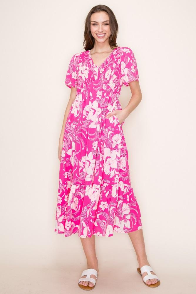 pink floral print smocked midi dress