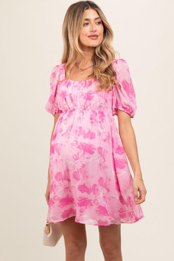 pink floral puff sleeve maternity mini dress