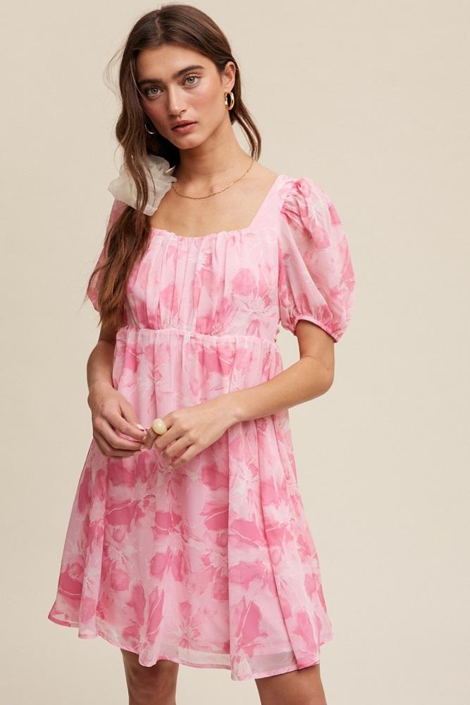 pink floral puff sleeve mini dress