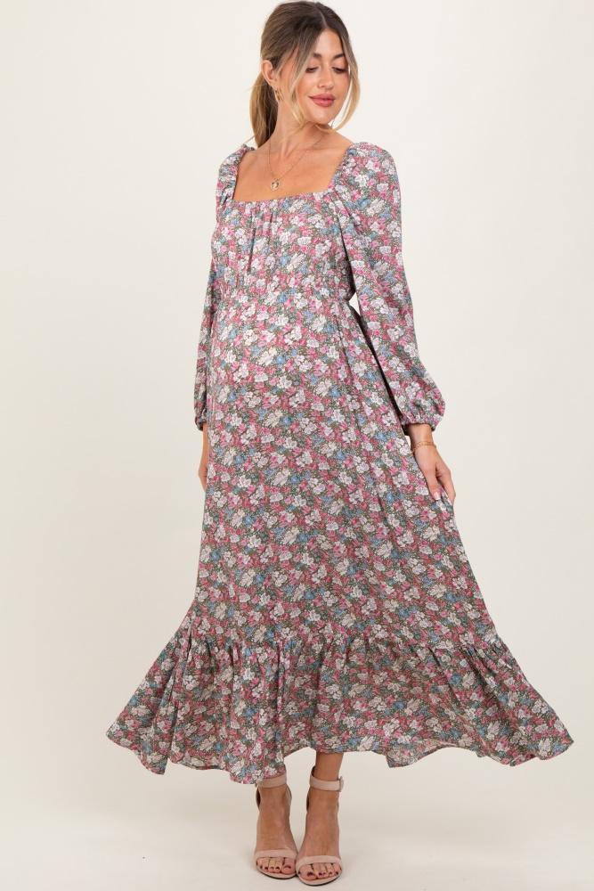 pink floral reversible long sleeve maternity maxi dress