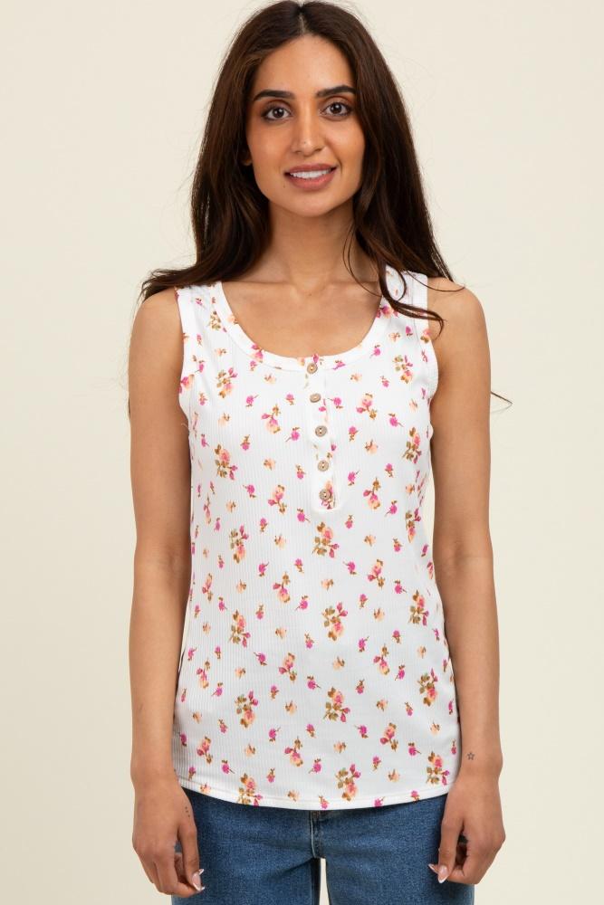 pink floral ribbed button front tank top