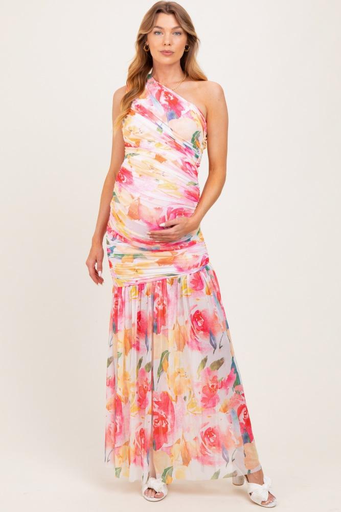 pink floral ruched mesh one shoulder maternity maxi dress