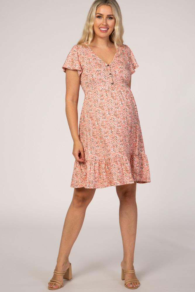 pink floral ruffle accent maternity dress