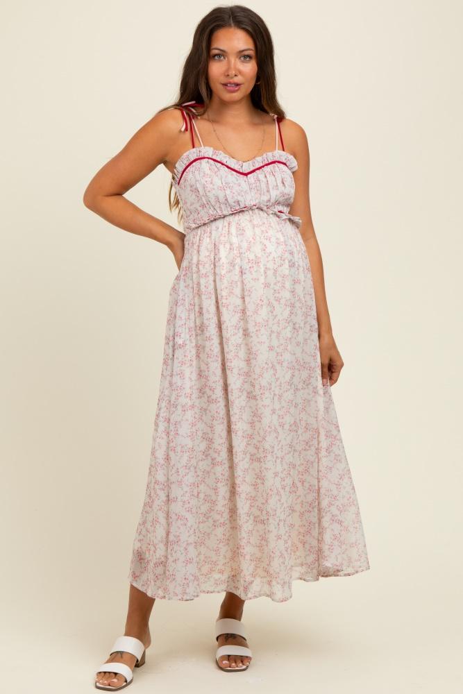 pink floral ruffle detail shoulder tie maternity midi dress