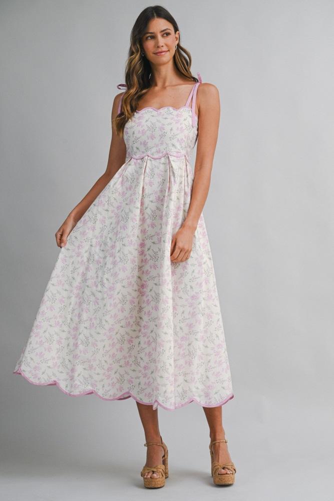 pink floral scallop hem shoulder tie midi dress