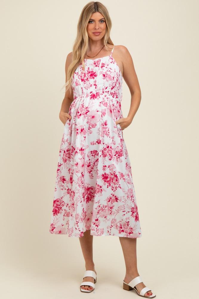 pink floral sleeveless piping detail maternity midi dress
