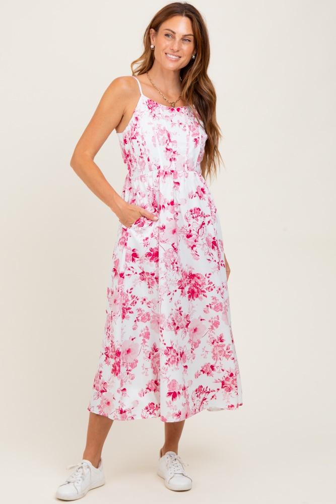 pink floral sleeveless piping detail midi dress