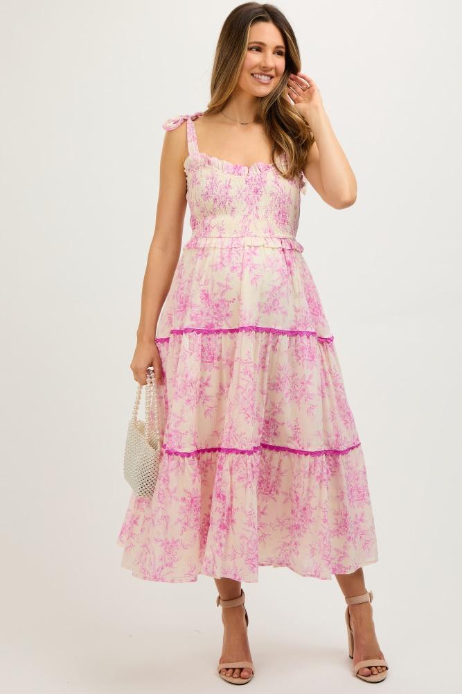 pink floral sleeveless ruffle tiered maternity midi dress